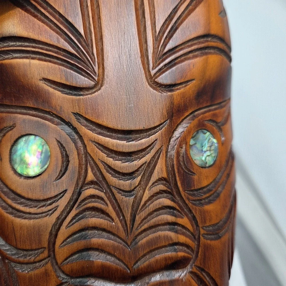 Hand Carved Solid Wood Maori Koruru Wall Mask New Zealand Paua Shell Eyes